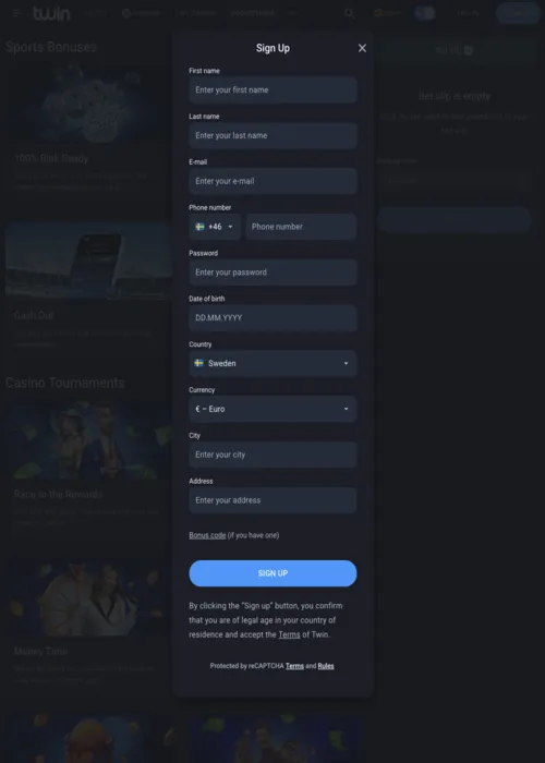Inscription rapide nouveau joueur Twin Casino